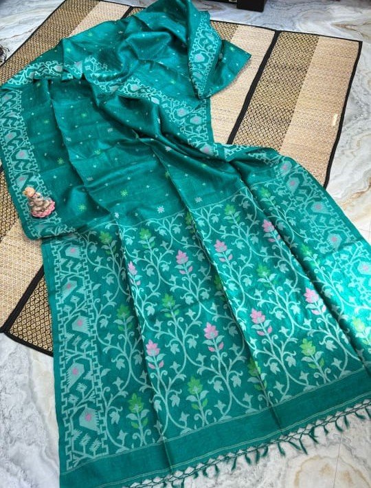 Dark Aqua Pure Tussar By Gachi Tussar Handloom Jamdani Sari With Blouse Piece