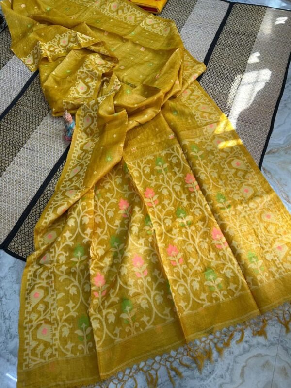 Dark Gold Pure Tussar By Gachi Tussar Handloom Jamdani Sari With Blouse Piece