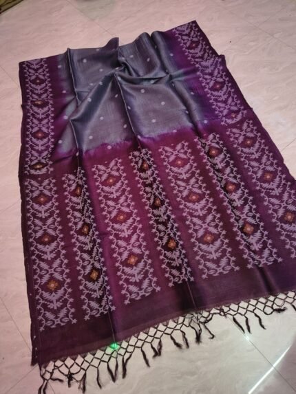 Dark Grey Pure Gachi Tussar By Gachi Tussar Handloom Jamdani Sari With Blouse Piece