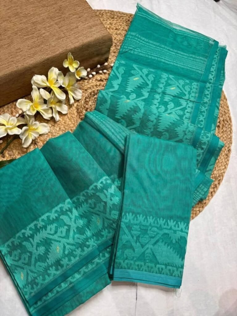 Deep Aqua Soft Body Plain Jamdani Sari With Blouse Piece