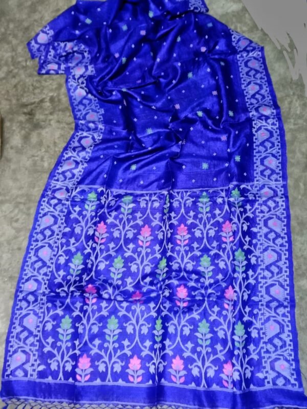 Deep Blue Pure Tussar By Gachi Tussar Handloom Jamdani Sari With Blouse Piece