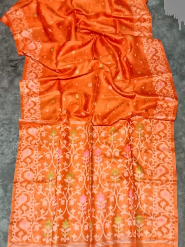Deep Orange Pure Tussar By Gachi Tussar Handloom Jamdani Sari With Blouse Piece
