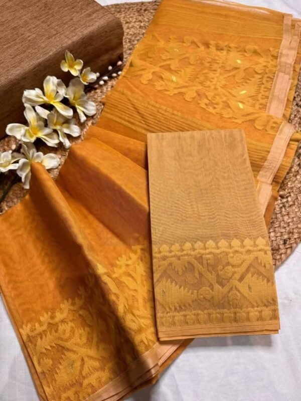 Dull Orange Soft Body Plain Jamdani Sari With Blouse Piece
