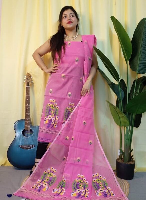 Ful Bahar Bashful Pink Unstitched 2 Piece Jamdani Suit Set