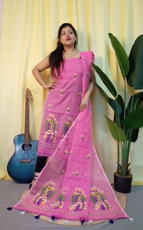 Ful Bahar Bashful Pink Unstitched 2 Piece Jamdani Suit Set