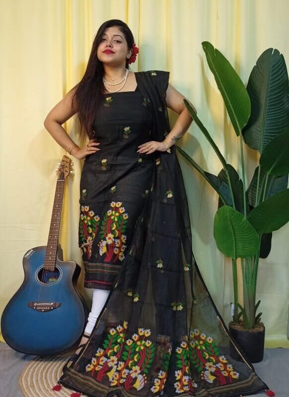 Ful Bahar Black Unstitched 2 Piece Jamdani Suit Set