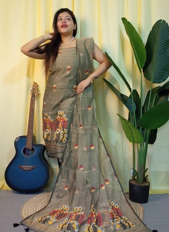 Ful Bahar Grey Brown Unstitched 2 Piece Jamdani Suit Set