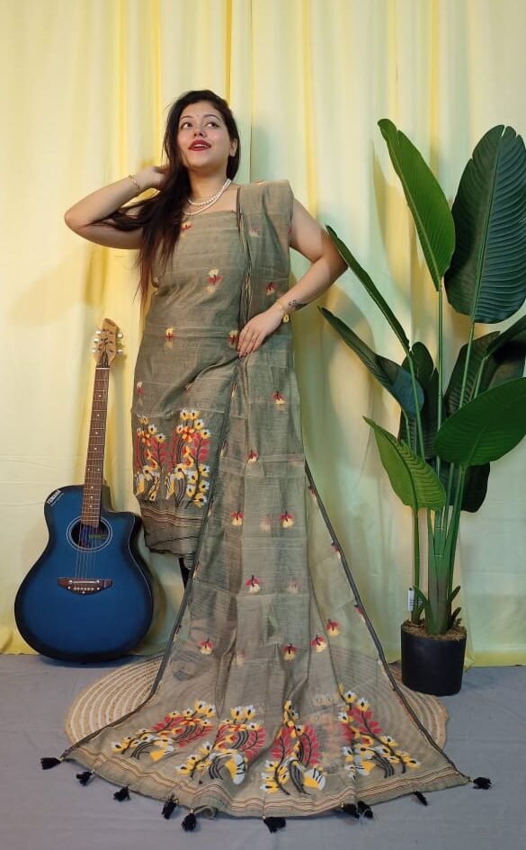 Ful Bahar Grey Brown Unstitched 2 Piece Jamdani Suit Set