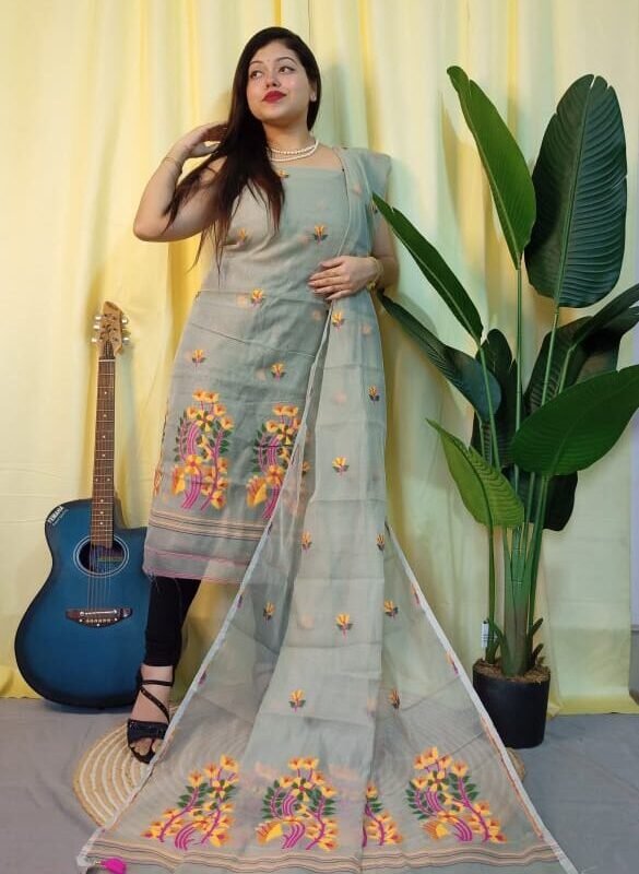 Ful Bahar Grey Olive Unstitched 2 Piece Jamdani Suit Set