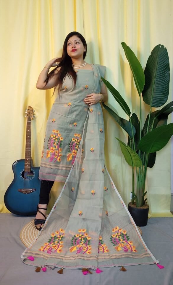 Ful Bahar Grey Olive Unstitched 2 Piece Jamdani Suit Set