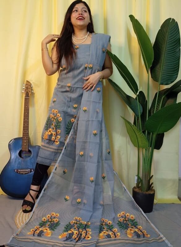 Ful Bahar Grey Unstitched 2 Piece Jamdani Suit Set