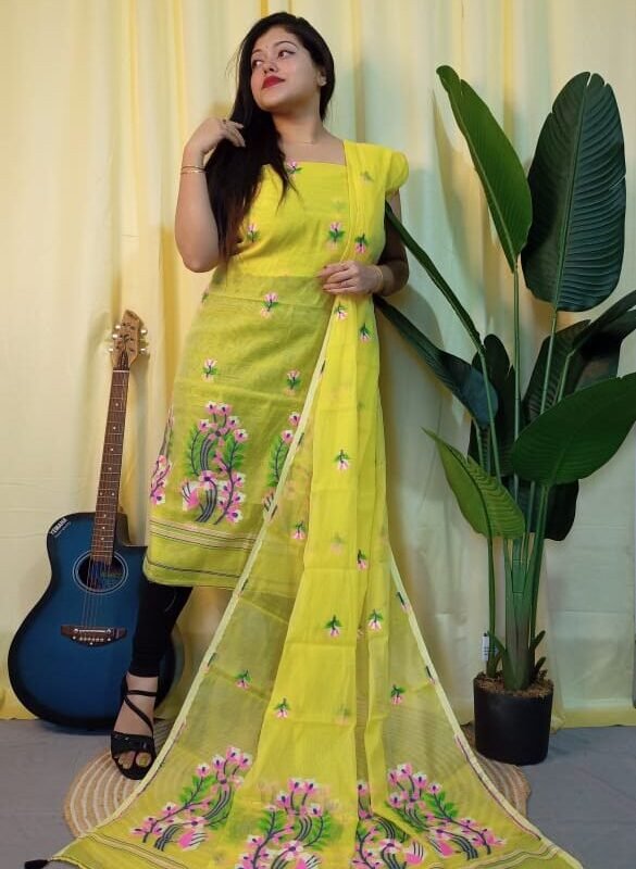 Ful Bahar Lemon Yellow Unstitched 2 Piece Jamdani Suit Set