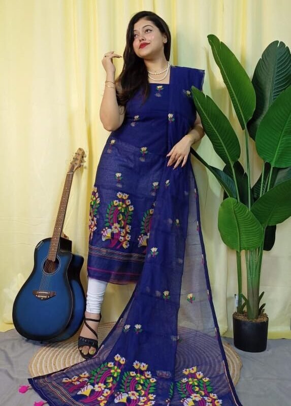 Ful Bahar Navy Blue Unstitched 2 Piece Jamdani Suit Set