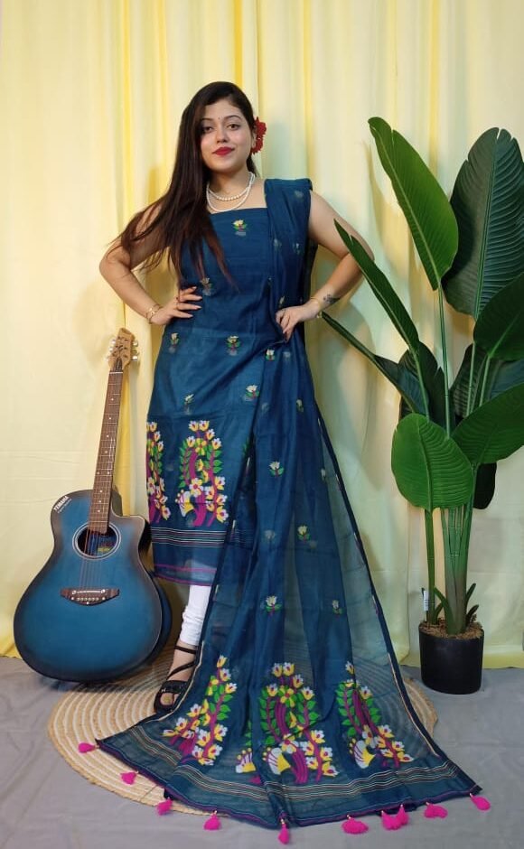 Ful Bahar Nile Blue Unstitched 2 Piece Jamdani Suit Set