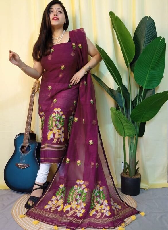 Ful Bahar Pansy Purple Unstitched 2 Piece Jamdani Suit Set