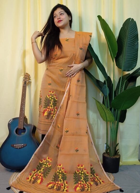 Ful Bahar Persian Orange Unstitched 2 Piece Jamdani Suit Set