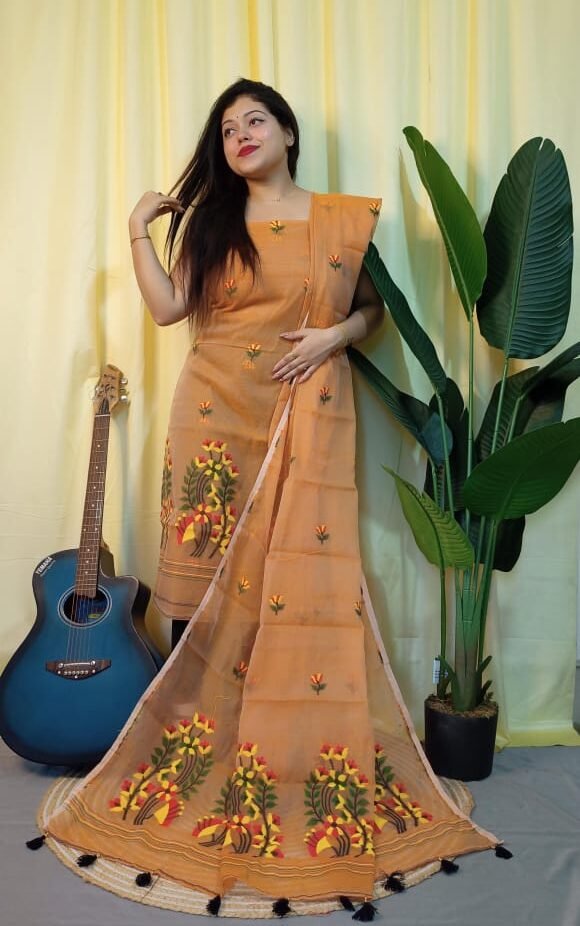 Ful Bahar Persian Orange Unstitched 2 Piece Jamdani Suit Set