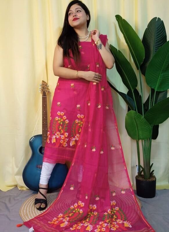 Ful Bahar Pinkish Red Unstitched 2 Piece Jamdani Suit Set