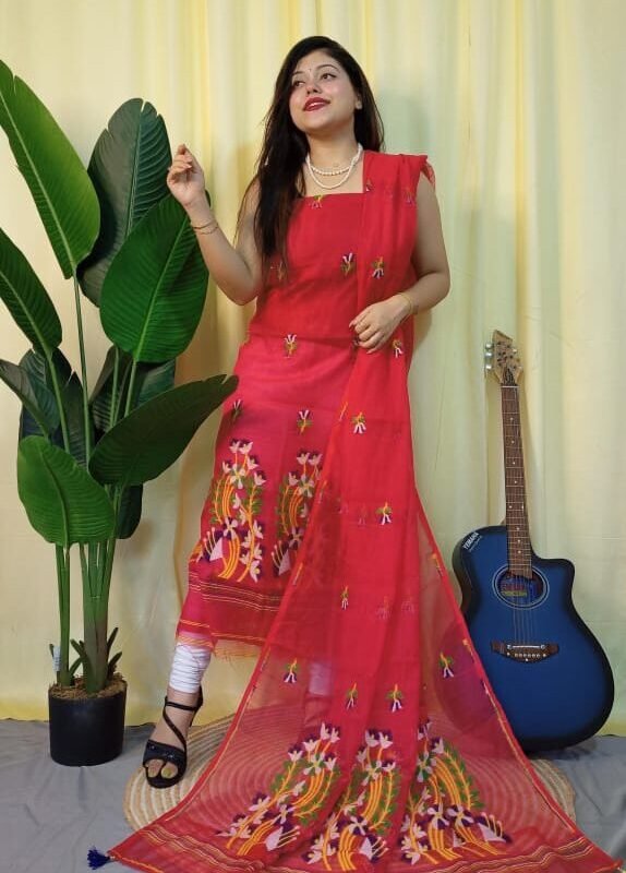 Ful Bahar Red Unstitched 2 Piece Jamdani Suit Set