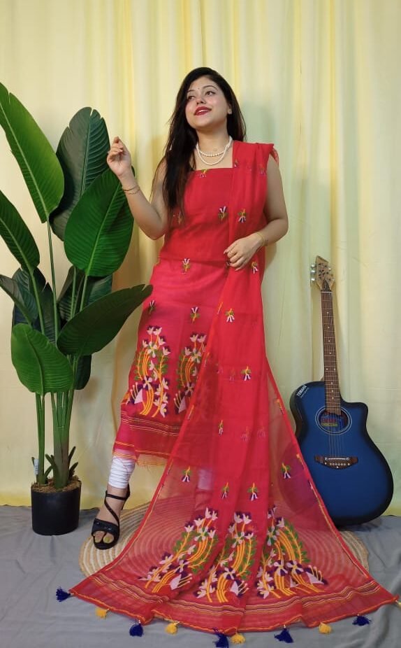 Ful Bahar Red Unstitched 2 Piece Jamdani Suit Set