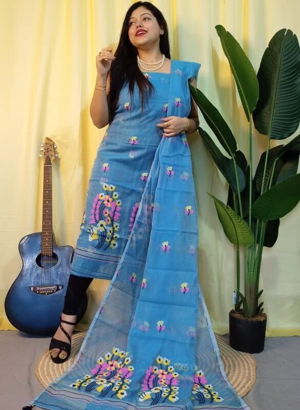 Ful Bahar Sky Blue Unstitched 2 Piece Jamdani Suit Set