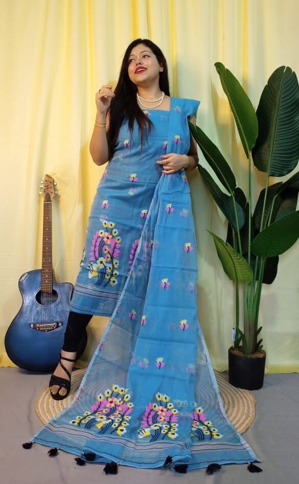 Ful Bahar Sky Blue Unstitched 2 Piece Jamdani Suit Set