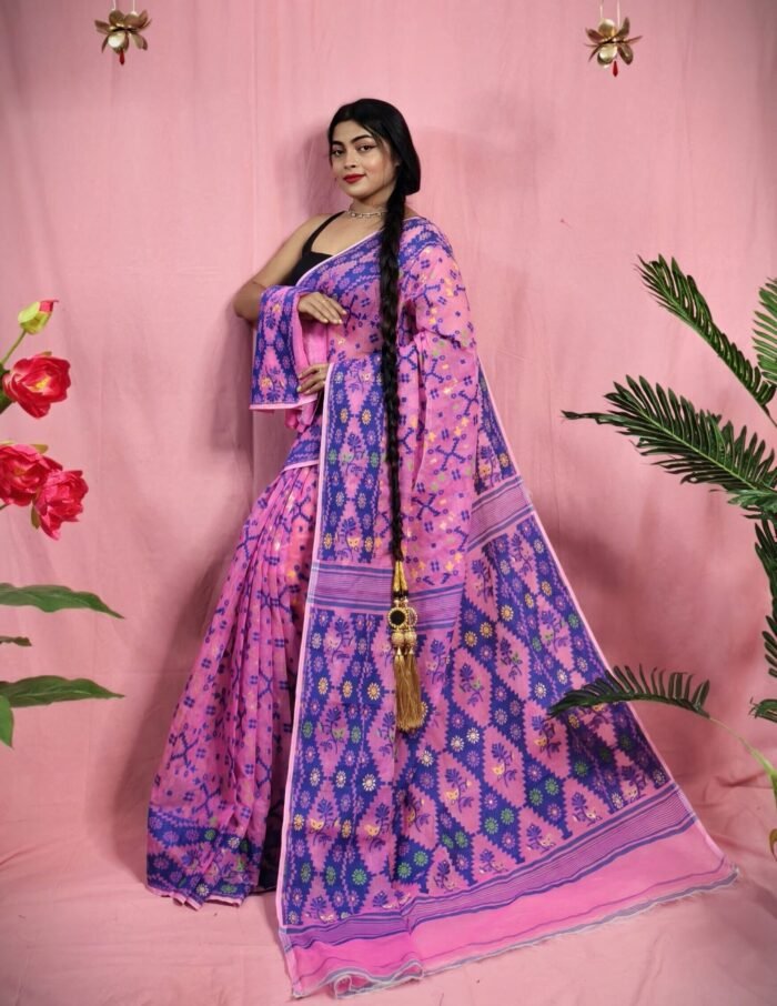 Gardenia Soft Bashful Pink Jamdani Sari With Blouse Piece