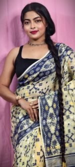 Gardenia Soft Dark Cream Jamdani Sari With Blouse Piece