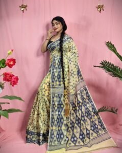 Gardenia Soft Dark Cream Jamdani Sari With Blouse Piece