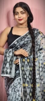 Gardenia Soft Gray Jamdani Sari With Blouse Piece