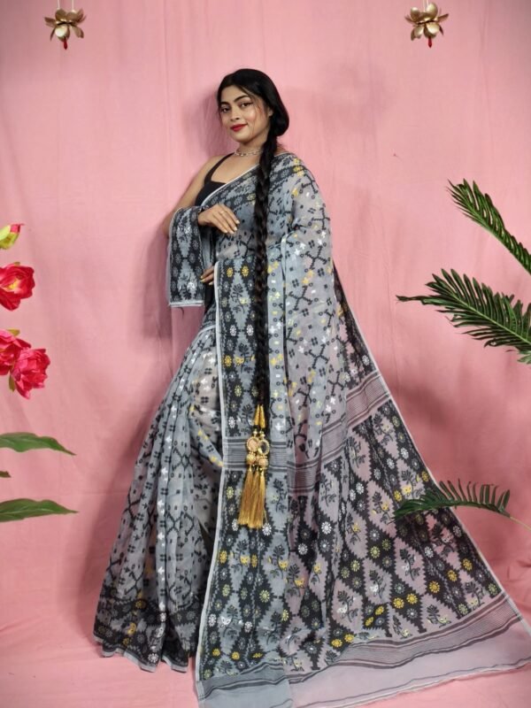 Gardenia Soft Gray Jamdani Sari With Blouse Piece