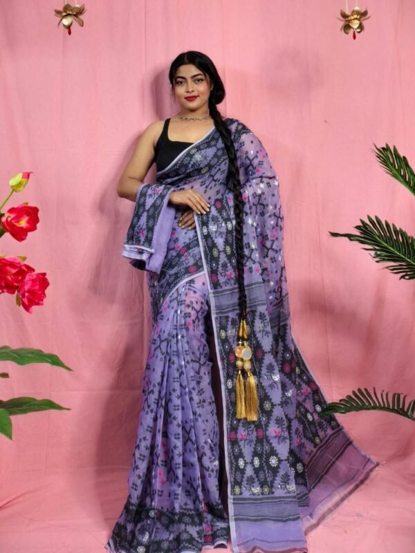 Gardenia Soft Lavender Purple Jamdani Sari With Blouse Piece