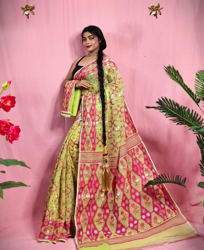 Gardenia Soft Pale Olive Jamdani Sari With Blouse Piece