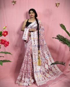 Gardenia Soft Rosy Brown Jamdani Sari With Blouse Piece