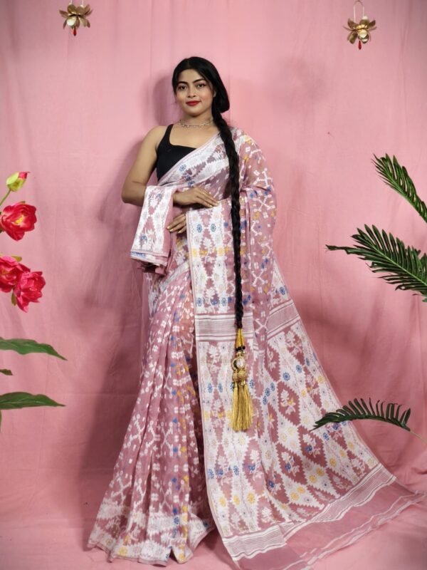 Gardenia Soft Rosy Brown Jamdani Sari With Blouse Piece