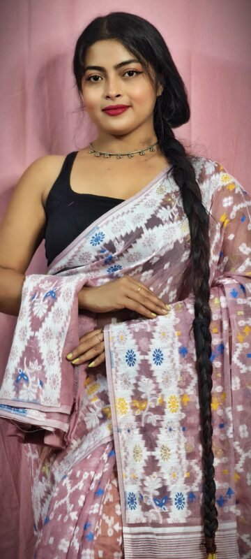 Gardenia Soft Rosy Brown Jamdani Sari With Blouse Piece