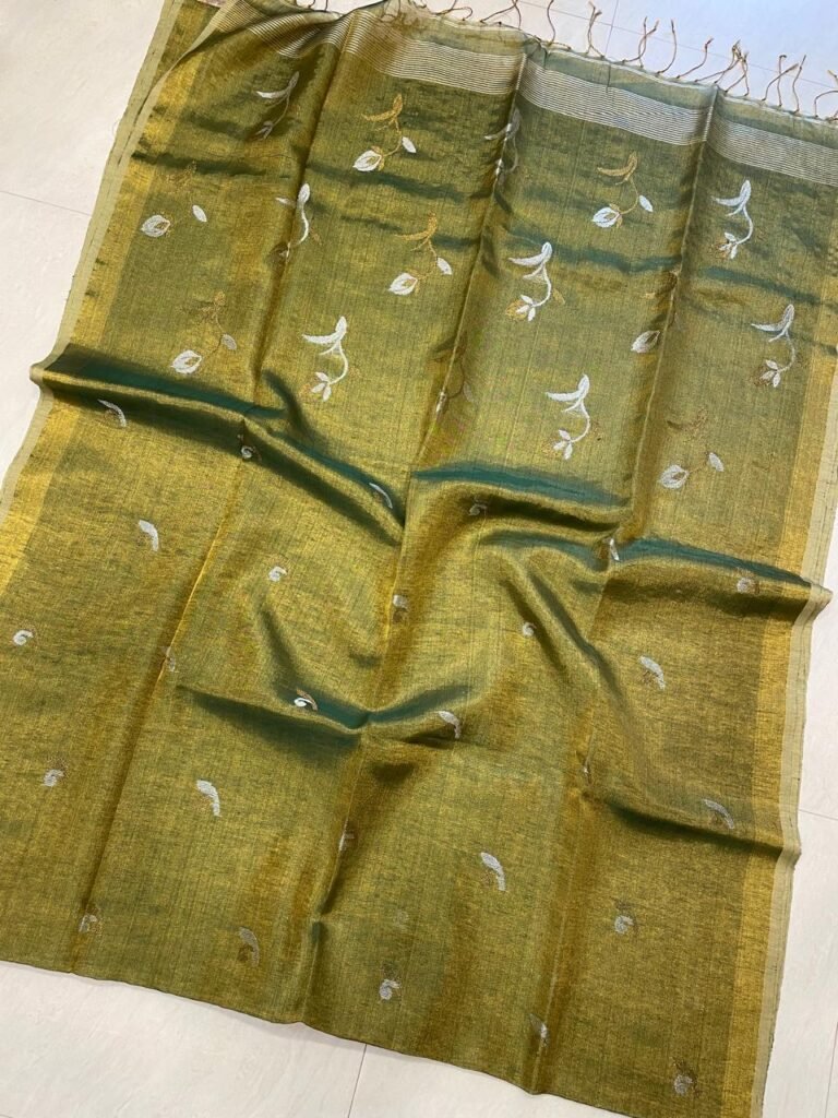 Green Brown Soft Rose Design Tissue Saree With Blouse Piece