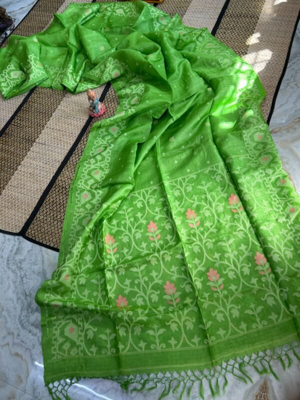 Green Pure Tussar By Gachi Tussar Handloom Jamdani Sari With Blouse Piece