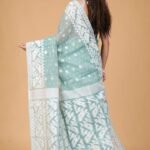 Greyish Teal Soft Buti Korat Jamdani Saree With Blouse Piece