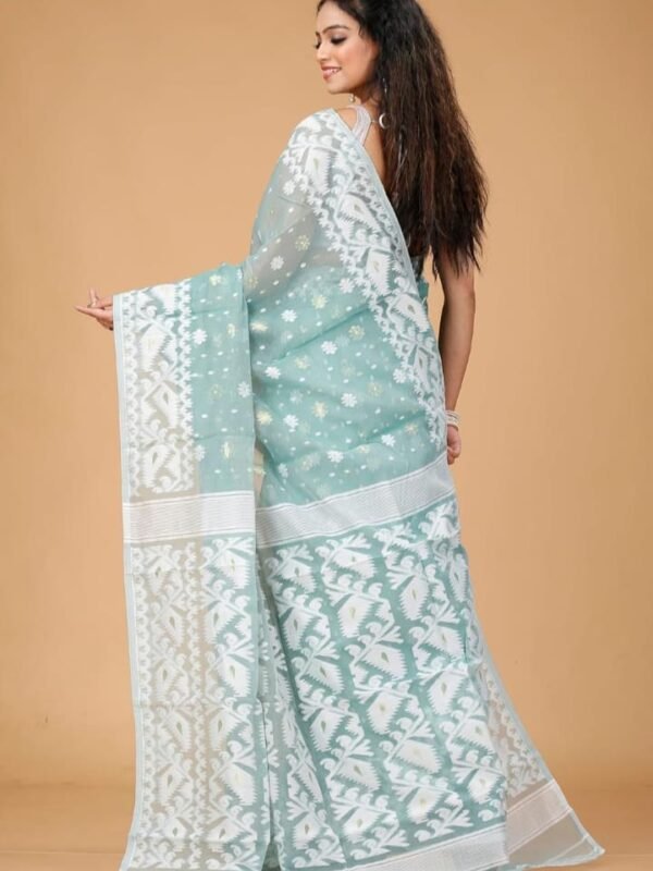 Greyish Teal Soft Buti Korat Jamdani Saree With Blouse Piece