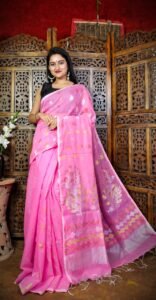Hot Pink Soft Dhakai Jamdani Sari With Blouse Piece
