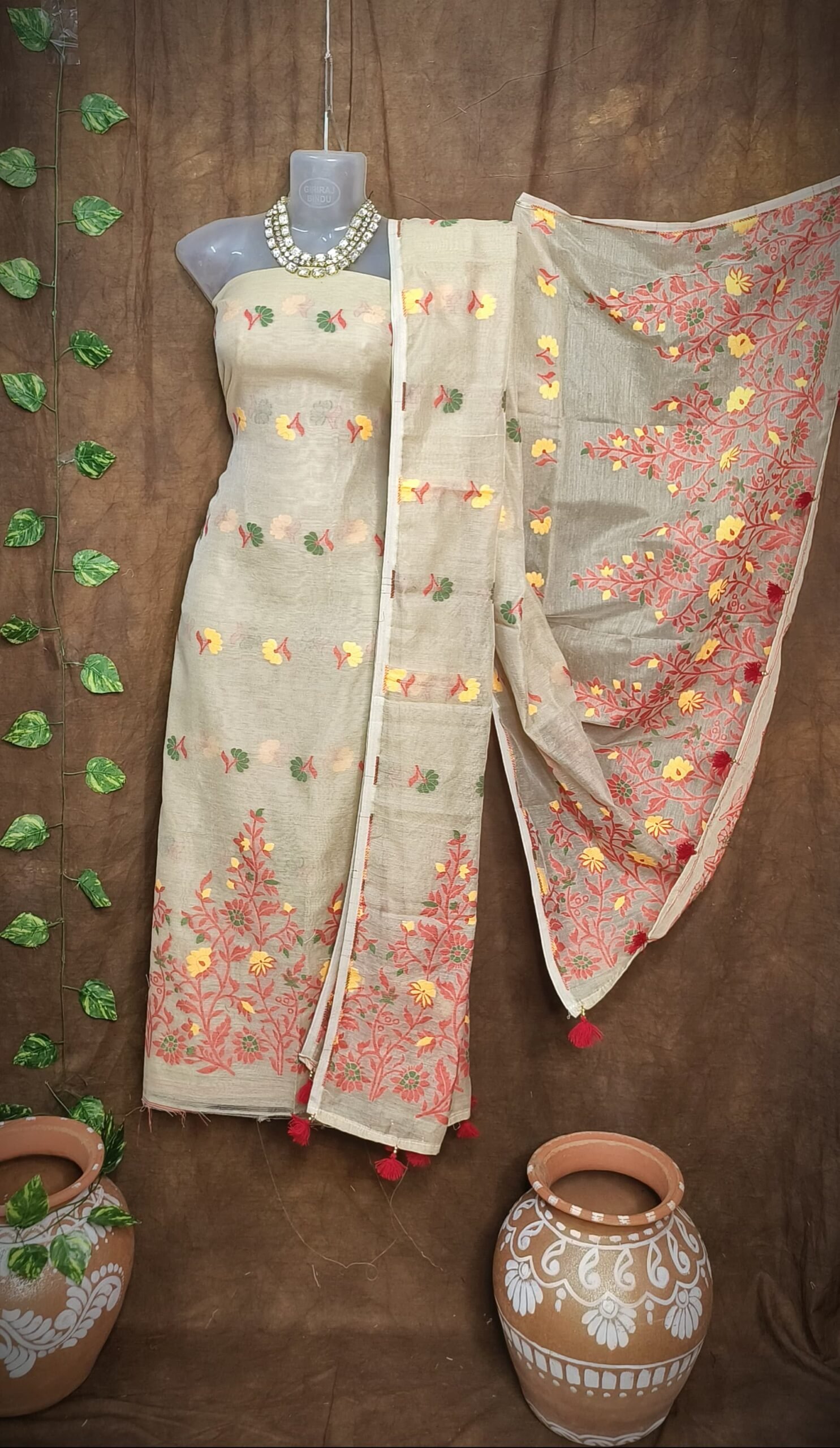 Jhumka Lota Deep Cream Unstitched 2 Piece Jamdani Suit Set