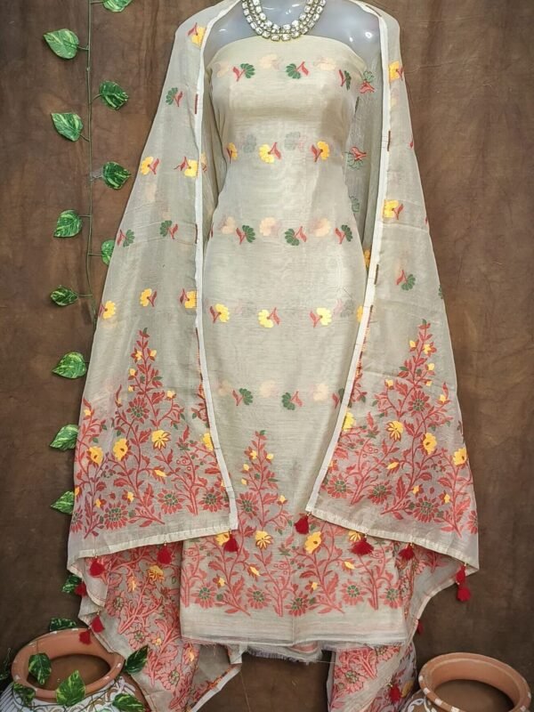 Jhumka Lota Deep Cream Unstitched 2 Piece Jamdani Suit Set