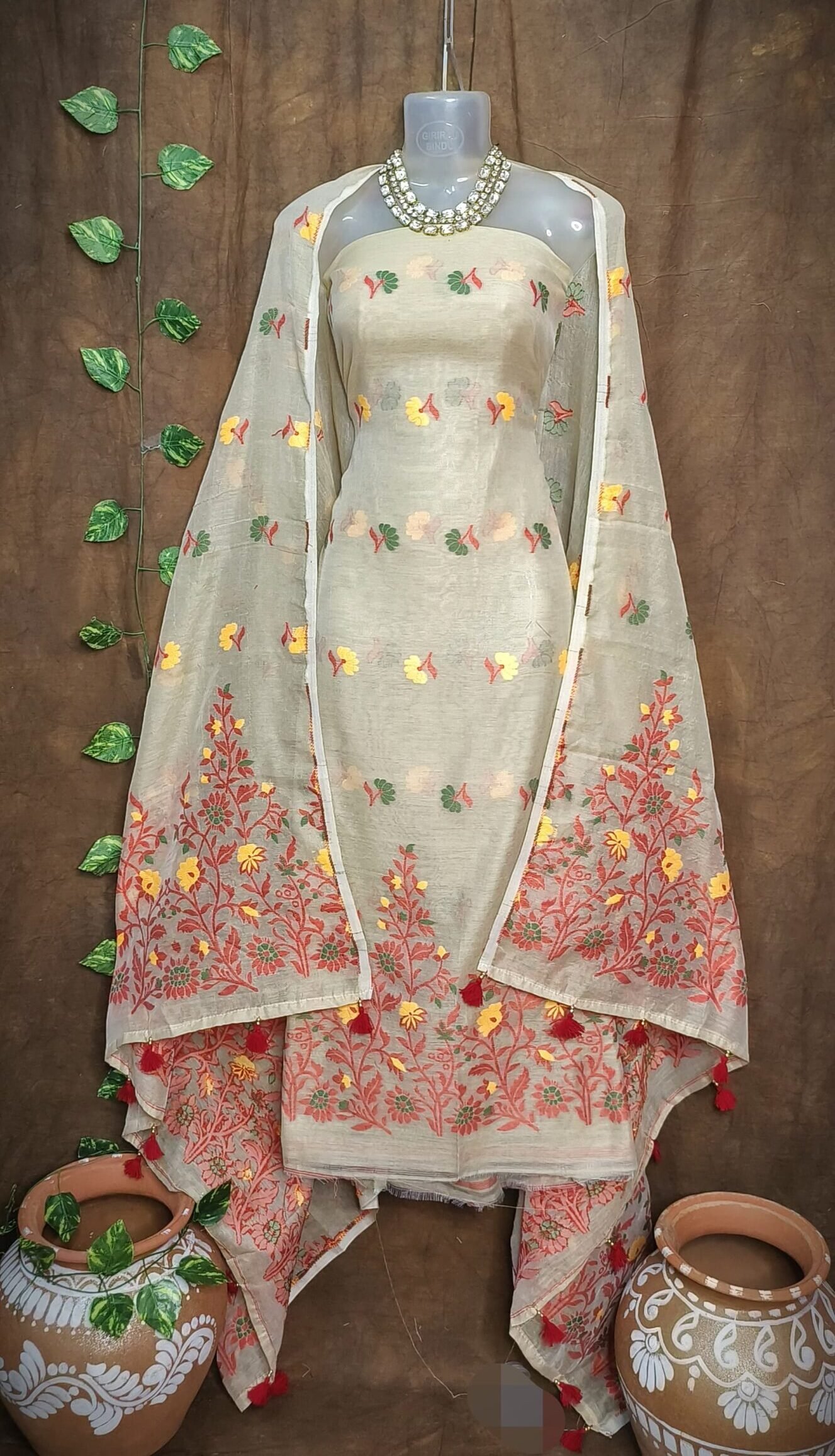 Jhumka Lota Deep Cream Unstitched 2 Piece Jamdani Suit Set