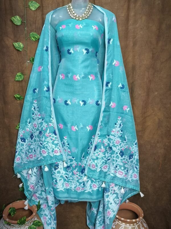 Jhumka Lota Fountain Blue Unstitched 2 Piece Jamdani Suit Set