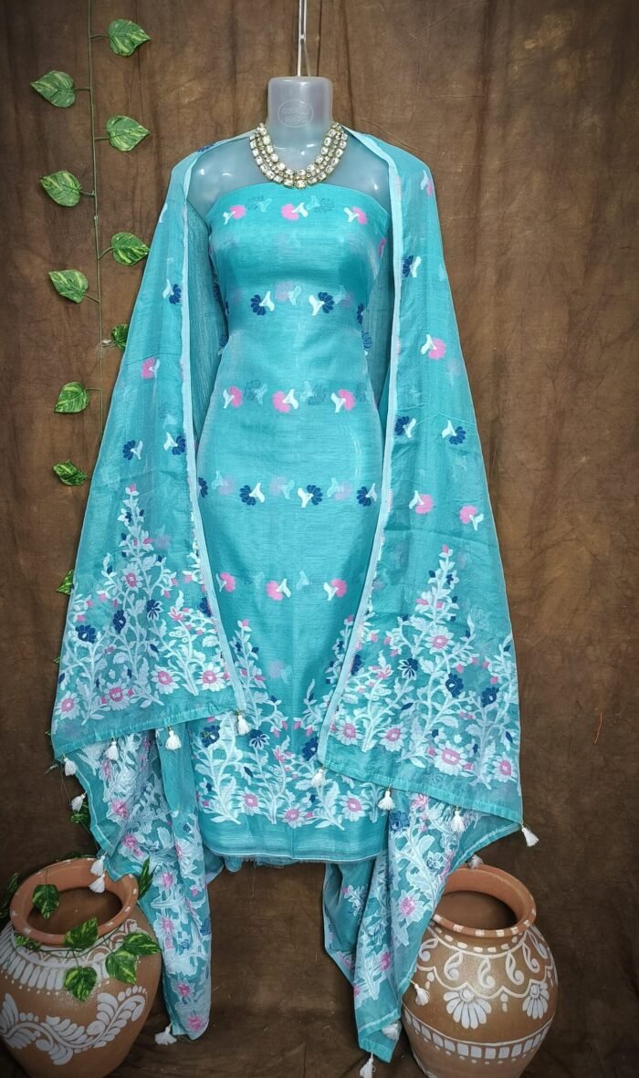 Jhumka Lota Fountain Blue Unstitched 2 Piece Jamdani Suit Set