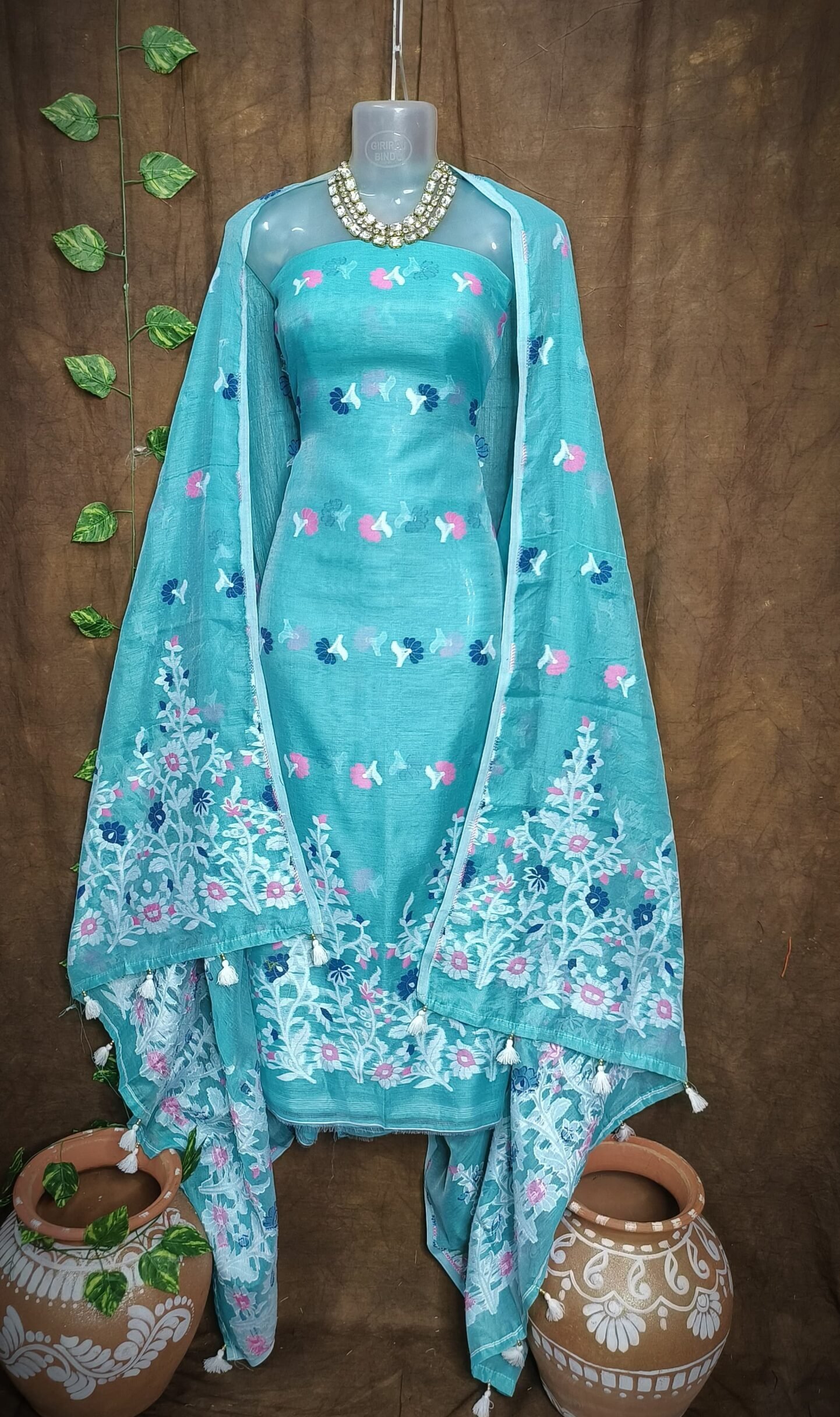 Jhumka Lota Fountain Blue Unstitched 2 Piece Jamdani Suit Set