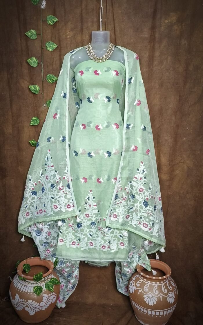Jhumka Lota Light Olive Unstitched 2 Piece Jamdani Suit Set