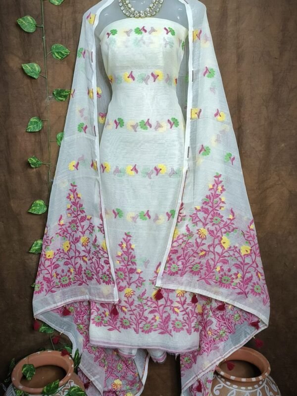 Jhumka Lota White Unstitched 2 Piece Jamdani Suit Set