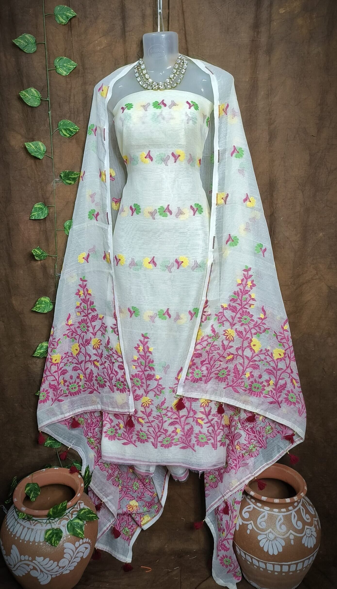 Jhumka Lota White Unstitched 2 Piece Jamdani Suit Set